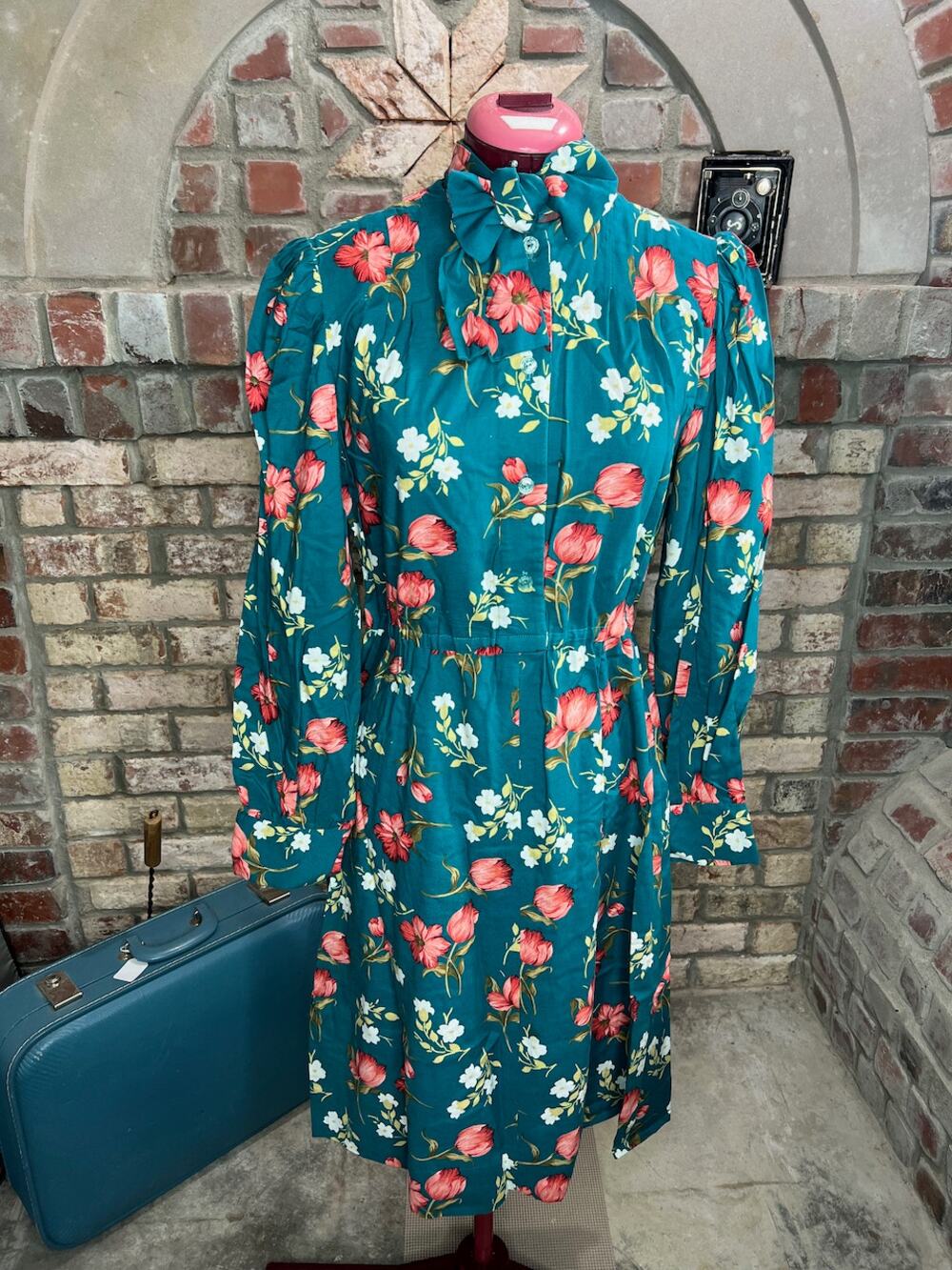 shirt dress kitten bow floral teal green white peach bespoke